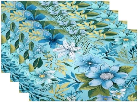 Batmerry Floral Light Blue Placemats, Blue Green Floral Washable Linen Table Mats for Kitchen Table Double Insulation Decor Dining Set Indoor Outdoor 12X18 in Set of 4