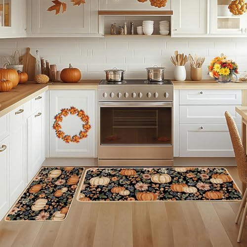 Baccessor Fall Kitchen Rugs Set of 2, Pumpkin Floral Kitchen Mats for Floor Washable Low-Profile Farmhouse Autumn Holiday Home Indoor Outdoor Decor 17x29 and 17x47 Inch