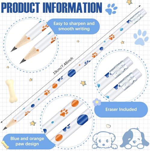 Tenceur 100 Pcs Blue Paw Dog Print Pencils Bulk Wooden Writing Novelty Pencils with Erasers Blue and Orange Dog Paw for Classroom Doggy Party Favors Welcome Back to School Party Supplies