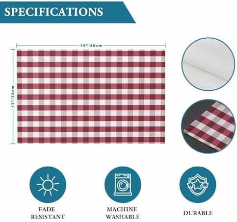 Christmas Placemats Set of 4, Rustic Burgundy White Buffalo Check Plaid Pattern Heat Resistant Washable Table Place Mats Farmhouse Table Linens Party Holiday Decor for Kitchen Dining Outdoor Indoor