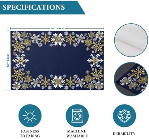 Gold White Snowflakes Christmas Placemats Set of 4, Winter Xmas Holiday Heat Resistant Washable Table Place Mats Navy Blue Cotton Table Linens Party Holiday Decor for Kitchen Dining Outdoor Indoor