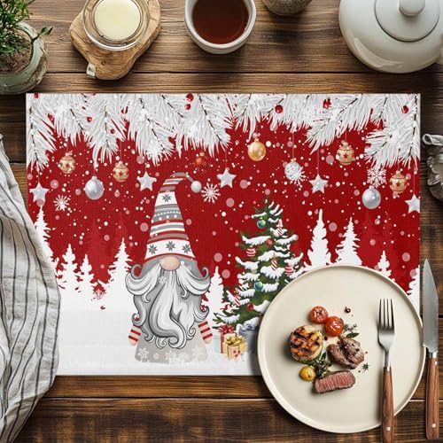 Christmas Gnome Placemats Set of 4, Winter Merry Christmas Tree Balls Heat Resistant Washable Table Place Mats Red Cotton Table Linens Party Holiday Decor for Kitchen Dining Outdoor Indoor