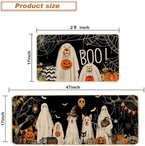 Baccessor Halloween Kitchen Rugs Set of 2, Ghost Boo Dog Pumpkin Spider Web Kitchen Mats for Floor Washable Low-Profile Farmhouse Spooky Holiday Home Indoor Outdoor Decor 17x29 and 17x47 Inch