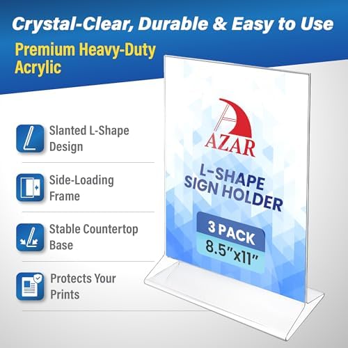 Azar Displays 142430-3PK Top Load Sign Holder 8.5x11 – Clear Flexible Plastic Display Stand for Menus, Signs – Vertical Tabletop Frame, Pack of 3