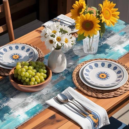 Teal Grey Abstract Art Table Runner Dresser Scarf 13 x 120 Inch Modern Turquoise Color Block Graffiti Table Runners Non-Slip Heat Resistant Kitchen Dining Table Decor for Home Holidays Indoor Outdoor