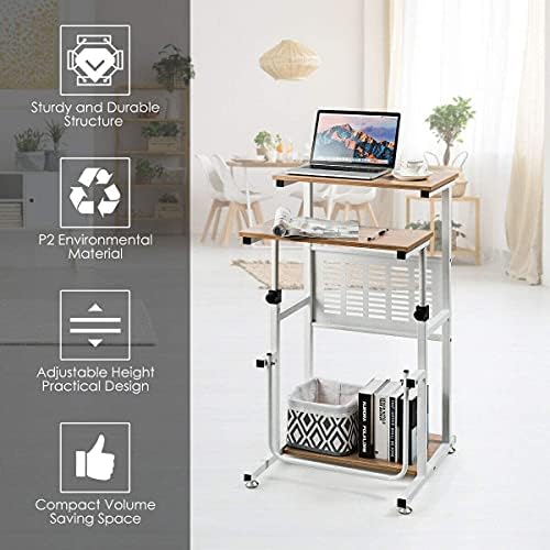 Goplus Topment Height Adjustable Standing Desk, Home Office Writing Workstation with U-Shaped Footrest, Sturdy Steel Frame, Adjustable Pads, Space-Saving Sit Stand Laptop Table with Storage