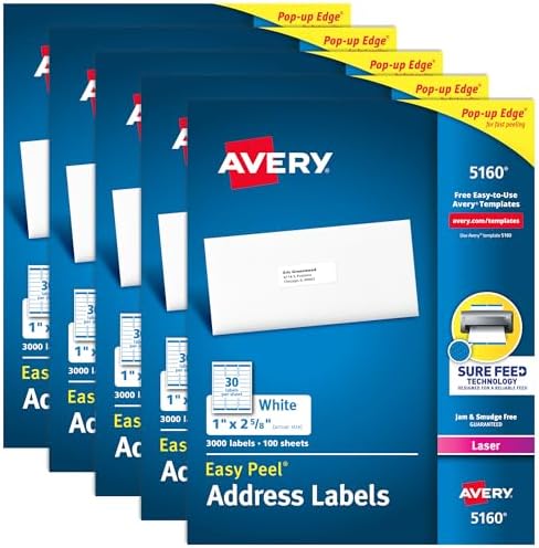 Avery Easy Peel Printable Address Labels with Sure Feed, 1" x 2-5/8" Customizable Stickers, White, 15,000 Blank Mailing Labels, Great for Mailing, Shipping, and More (5-Pack of 5160)