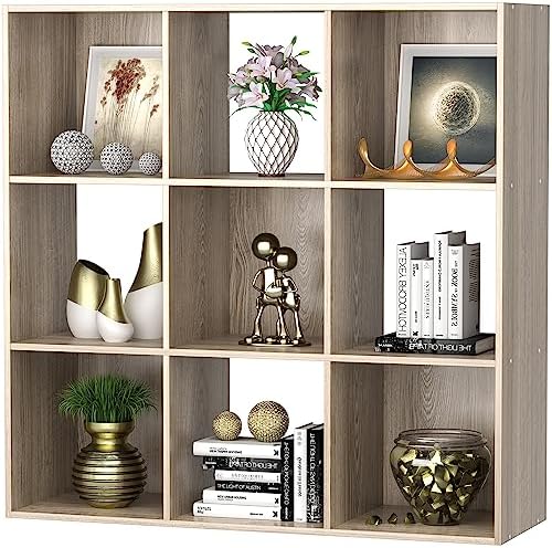 9 Cube Storage Shelf Organizer, Wood Bookshelf Organization Unit, Cube Shelves for Home Office Bedroom Living Room, Natural