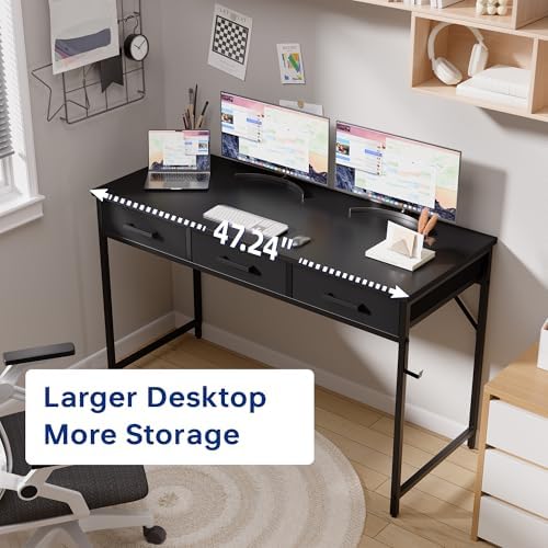 Pamray 47 Inch Small Computer Desk with 3 Drawers for Bedroom Study Writing Home Office Table for Small Spaces Black
