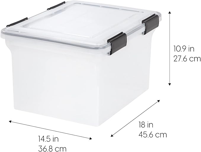 IRIS USA WeatherPro File Box Organizer, Letter/Legal, 32 Qt. Clear | Protect files and paperwork with a durable design featuring secure closure and convenient organization