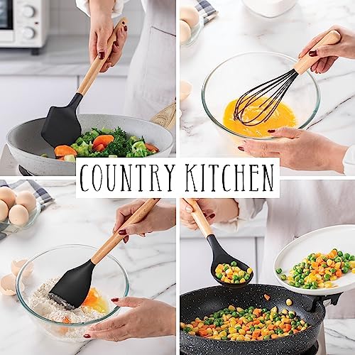 Country Kitchen Non Stick Silicone Utensil Set with Rounded Wood Handles for Cooking and Baking, 14 Piece Set, Black