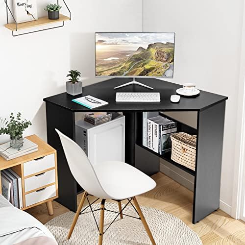 COSTWAY Corner Computer Desk, Space-Saving Triangular Writing Desk w/ 2 Storage Shelves & 2 Cable Holes, Multi-Functional Console Table for Small Space in Home Office, Living Room, Bedroom (Black)