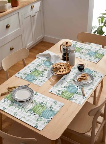 Fall Thanksgiving Placemats Set of 6, Autumn Pumpkins Eucalyptus Leaves Heat Resistant Dining Table Mats Fall Holiday Farmhouse Decor for Kitchen&Linens Outdoor Indoor, White Blue Green Gray Plaid