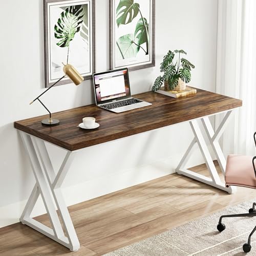 Tribesigns Modern Walnut/White 55" Heavy Duty Computer Desk, Study & Work Desk, 23.6"D x 55.1"W x 29.5"H, Z-Shaped Metal Legs, 330 lbs Capacity