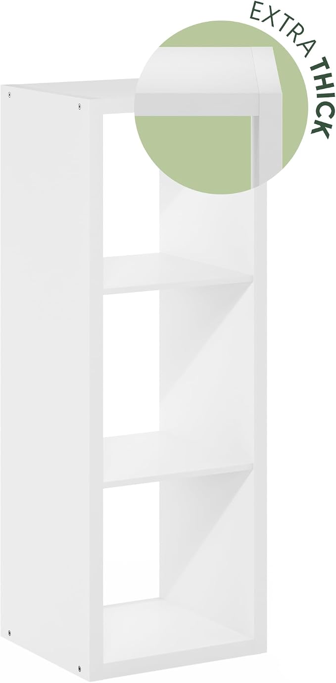 Furinno Cubicle Book Shelf, 3-Cube Bookshelf, Extra Thick Frame Horizontally & Vertically Reversible Bookcase with Open Back, 14.6 x 15.9 x 44, for Living Room, Bedroom, Home Office, Plain White