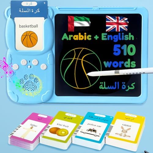Writing Tablet with Bilingual Flash Cards for Kids, Arabic, Blue
