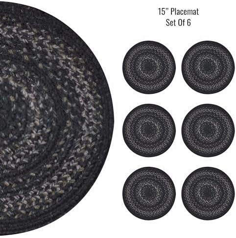 Homespice Jet Black Jute Braided Placemats, Round 15" Set of 6