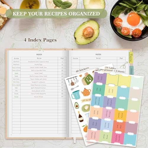 Lanpn A5 Blank Recipe Book Cookbook for 70 Recipes, Leather Cover Waterproof Empty Cooking Journal to Write in Your Own Recipes, Recipe Notebook with Stickers to Organize Your Family Recipes, Green