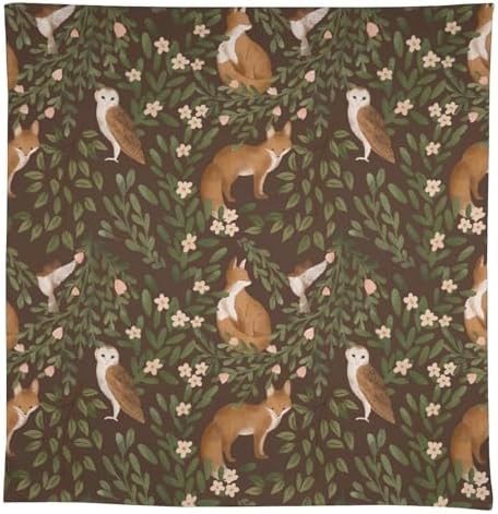 Woodland Animals Tablecloth, Rustic Forest Fox Owl Bird Green Plants Leaves Print Table Cover for Farmhouse Kitchen Dinning Indoor Outdoor Party Decor 60x120in