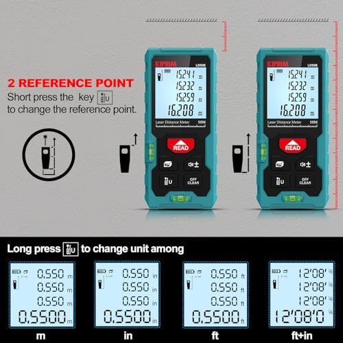 Kiprim LD50E Laser Distance Measure,165ft/50M,Backlit LCD,Ft/M/in Switch