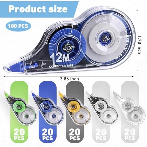 AmazingSpark 100 Pcs White Correction Tape Bulk, 39.4 Ft, Tear-resistant Easy to Use Applicator for Instant Corrections for School Office Note,Tape Width 0.2 in (5 Classic Colors)