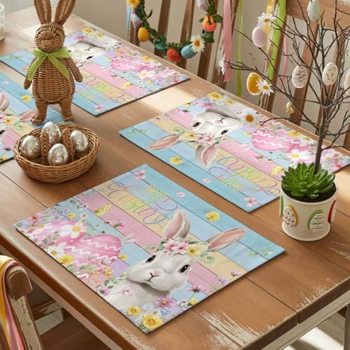 Easter Placemats Set of 6, Bunny Eggs Place Mats Washable Dining Table Mats Spring Holiday Party Decor for Kitchen&Linens Outdoor Indoor, Spring Floral Leaves Carrot Color Wood