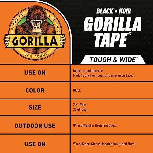 Gorilla Tape Tough & Wide,Black Tape,2.88" x 25 yd - Heavy Duty and Weather Resistant for Indoor or Outdoor,(Pack of 4)