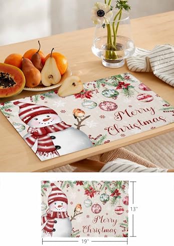 Merry Christmas Placemats Set of 4, Cotton Linen Snowman Table Mats Non-Slip Washable Snowflake Christmas Tree Balls Poinsettia Flower Retro Placemat for Holiday Banquet Dining Kitchen Table Decor