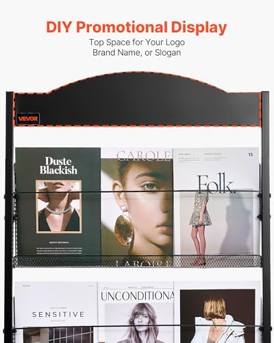 VEVOR Brochure Display Rack, 4-Tier Magazine Literature Display Stand with Wheels, Movable Floor Standing Magazine Rack, Heavy Duty Newspaper Catalog Holders for Shop Exhibitions Office Craft Fairs