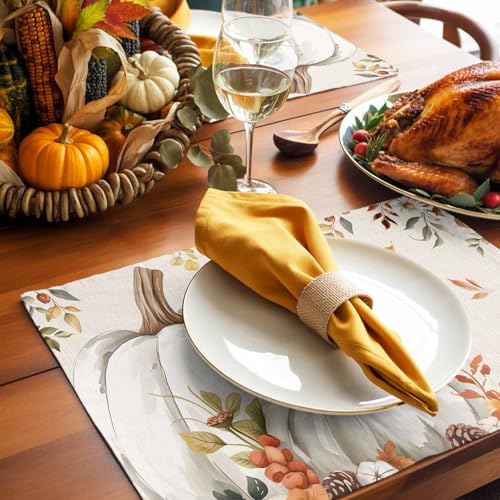 Fall Floral Leaves Placemats Set of 4, Thanksgiving Pumpkins Heat Resistant Washable Table Place Mats Boho Cotton Table Linens Party Holiday Decorations for Home Kitchen Dining Table Outdoor Indoor,