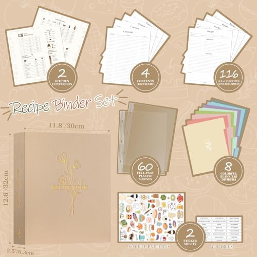 Lanpn Recipe Binder 8.5x11 3 Ring Kit, Waterproof Recipe Book Organizer Binder with 60 Plastic Sleeves,116 Recipes, Dividers,Labels & Stickers, Blank Recipe Binder to Write in Your Own Recipes, Oat