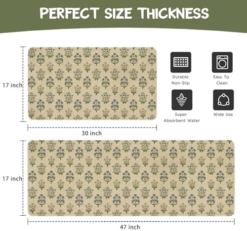 Spring Summer Farmhouse Kitchen Rugs and Mats Set of 2,Blue Green Vintage Boho Floral Farmhouse Non Slip Washable Floor Sink Mats Decorations for Home Kitchen 18"x48"+18"x30"