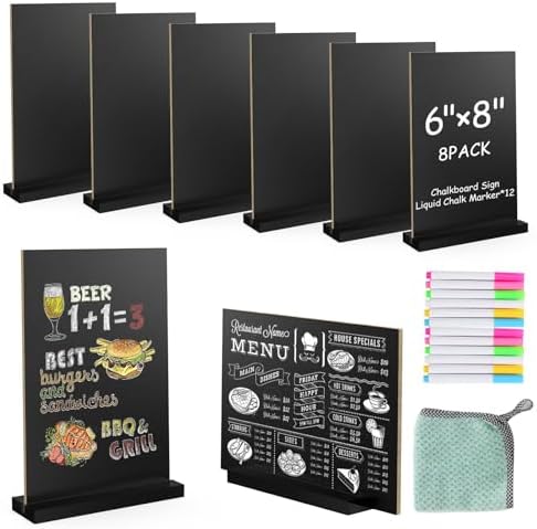 EHWINE Chalkboard Easel Sign Set, 8 Pack 6 x 8 Inch Double-Sided Wooden Boards with Acrylic Base, Chalk Markers Included, for Wedding, Restaurant, Tabletop Menu Display, Party and Event Decor