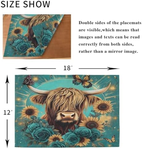 ALAZA Highland Cow Butterfly Rose Set of 4 Placemats Rectangle Table Mat for Dining Table Restaurant Kitchen Home Decor, 12" x 18"