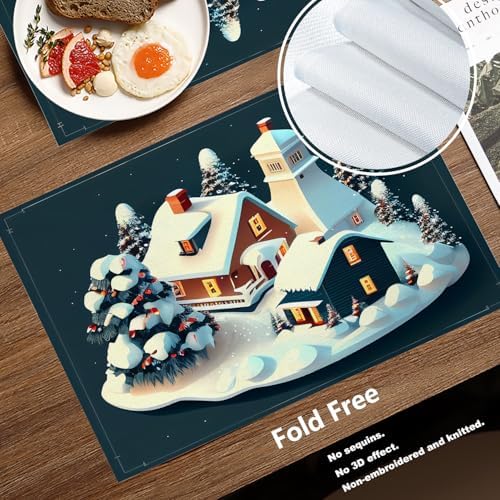 Batmerry Christmas Houses Linen Placemats Set of 4, Holiday Building Covered Snow Spruce Washable Table Mats for Kitchen Table Thickened Heat Insulation Dining Set Indoor Outdoor 12X18 in