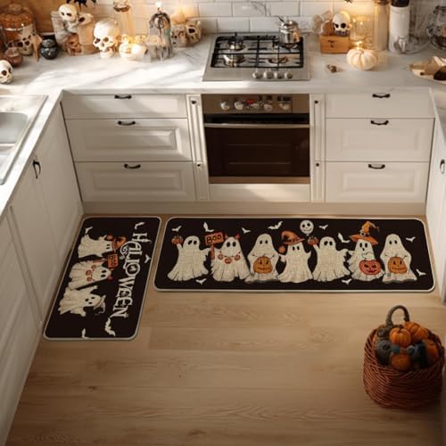 Artoid Mode Ghost Bat Black Halloween Kitchen Mats Set of 2-17x29+17x59