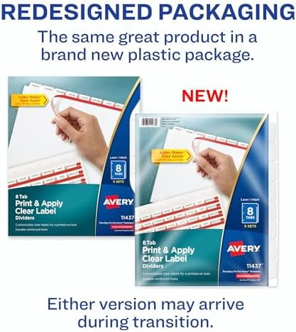 Avery Index Maker Clear Label Dividers, 8-Tab, White, 5 Sets