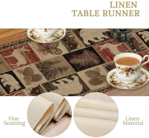 Rustic Bear Table Runner, Vintage Cottage Country Style Pine Tree Elk Wildlife Dinner Runner for Home Kitchen Dining Table Decoration 13"x90"