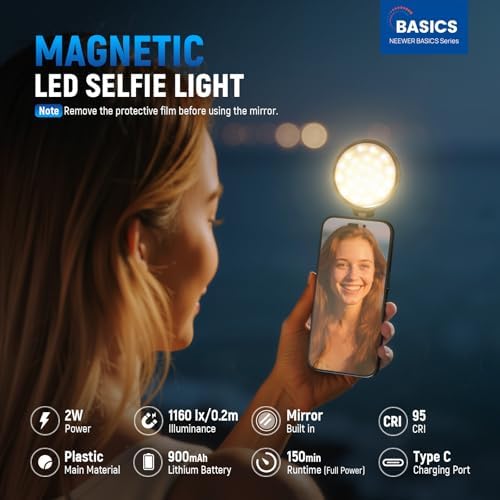 NEEWER Basics Magnetic LED Selfie Light Compatible with MagSafe iPhone, Desk Stand Phone Holder with Makeup Mirror 1160lx/0.2m 900mAh CRI95 Fill Lighting for Video Recording Streaming, Black NL48R