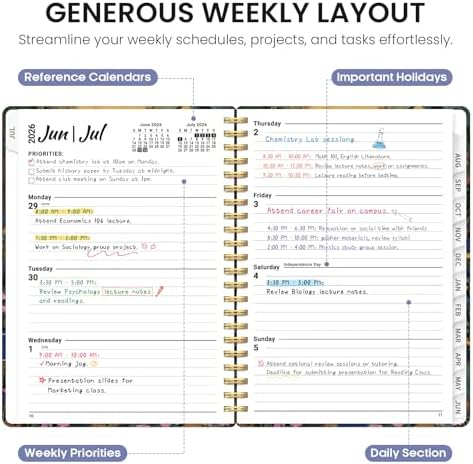Planner 2026-2027, Monthly & Weekly Jul 2026-Jun 2027 Calendar Book | 6.3" x 8.5", Hardcover Spiral Planner with Tabs, School & Daily Pretty Agenda for Women, Students, Teachers, Moonlit Meadow