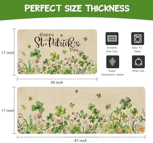 St Patricks Day Spring Kitchen Rugs and Mats Set of 2,Lucky Shamrock Clovers Floral Farmhouse Non Slip Washable Floor Sink Mats Decorations for Home Kitchen 18"x48"+18"x30"
