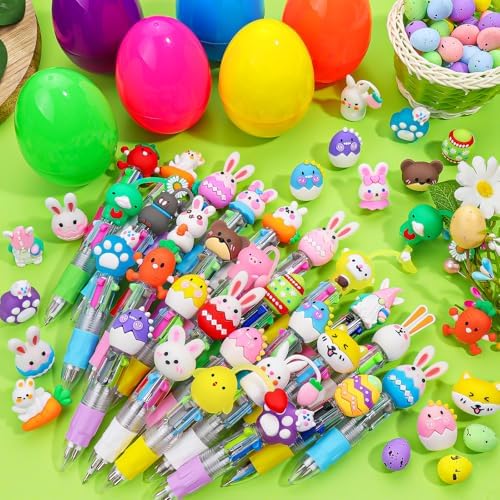 30Pcs Easter Animals Mini Multicolor Pens in One 4-in-1 Cute Pens Bulk with 30 Eggshells, Fun Gifts Assorted Ink Kawaii Ballpoint Pen for Birthdays and Parties