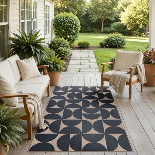 Lahome Semi Circle Front Porch Rug, Black 3x5 Easy Jute Outdoor Patio Rug