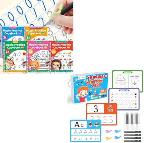 D-FantiX Large Magic Grooved Practice Copybook 5 Pack with Pens & Magic Grooved Writing Practice for Kids Age 3-5