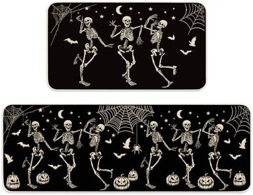 JarThenaAMCS Halloween Skeleton Kitchen Mats Spider Pumpkin Bat Welcome Floor Mat Non-Slip Black Door Rugs for Indoor Outdoor Bathroom, 17 x 29 Inch & 17 x 47 Inch
