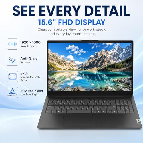 Lenovo 2026 V15 Slim Laptop | 15.6" Anti-Glare FHD Display | Intel Powerful Quad-Core Processor | 16GB DDR5 RAM | 256GB SSD | Wi-Fi 6 | RJ45 Ethernet | Long Battery Life | Win 11 Pro | MS 365 Web