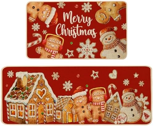 Baccessor Christmas Gingerbread Kitchen Rugs Set of 2,Red Gingerbread House Xmas Winter Snowman Kitchen Mats Washable Non Slip for Floor Hallway Laundry Sink Holiday Home Decor 17x29 and 17x47 Inch