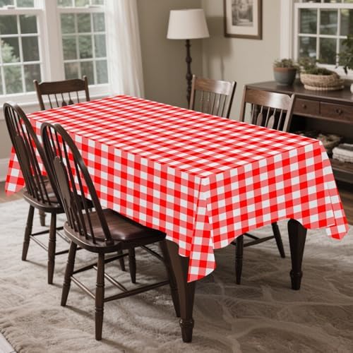 CXPSINC 54 Inch X 100 Feet Plastic Table Cover Roll Disposable Tablecloth with Slide Cutter for All Type/Shape Tables | Party, Banquet, Birthdays, Weddings(Red Checkered, 100 Feet)