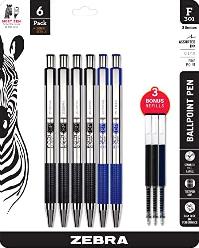 Zebra Pen F-301 Retractable Ballpoint Pen, Black/Blue Ink, 0.7mm, 6-Pack