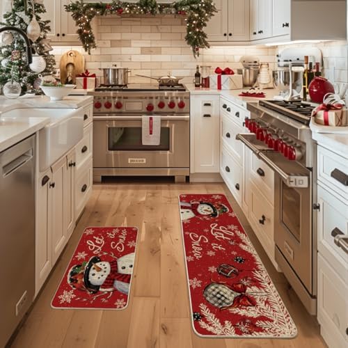 Artoid Mode Snowman Let It Snow Snowflake Christmas Kitchen Mats Set of 2, Winter Home Decor Low-Profile Kitchen Rugs for Floor - 17x29 and 17x59 Inch